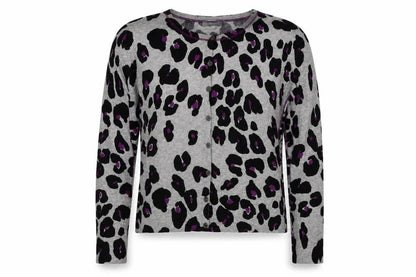 Front view of Oui women’s grey round neck animal print cotton cardigan jumper, size UK 16