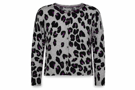 Front view of Oui women’s grey round neck animal print cotton cardigan jumper, size UK 16