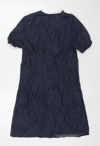 Warehouse Womens Blue Cotton Shirt Dress Size 10 V-Neck Button