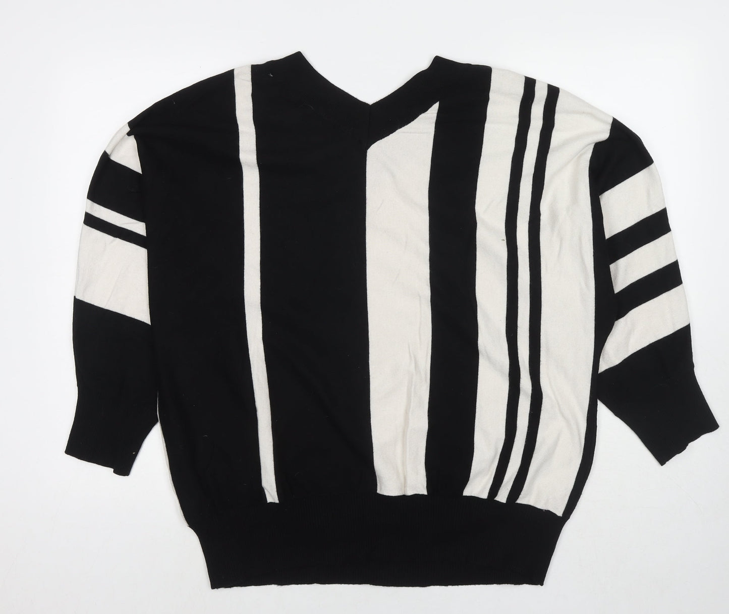 Maglia Womens Black V-Neck Striped Viscose Pullover Jumper Size XL