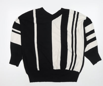 Maglia Womens Black V-Neck Striped Viscose Pullover Jumper Size XL