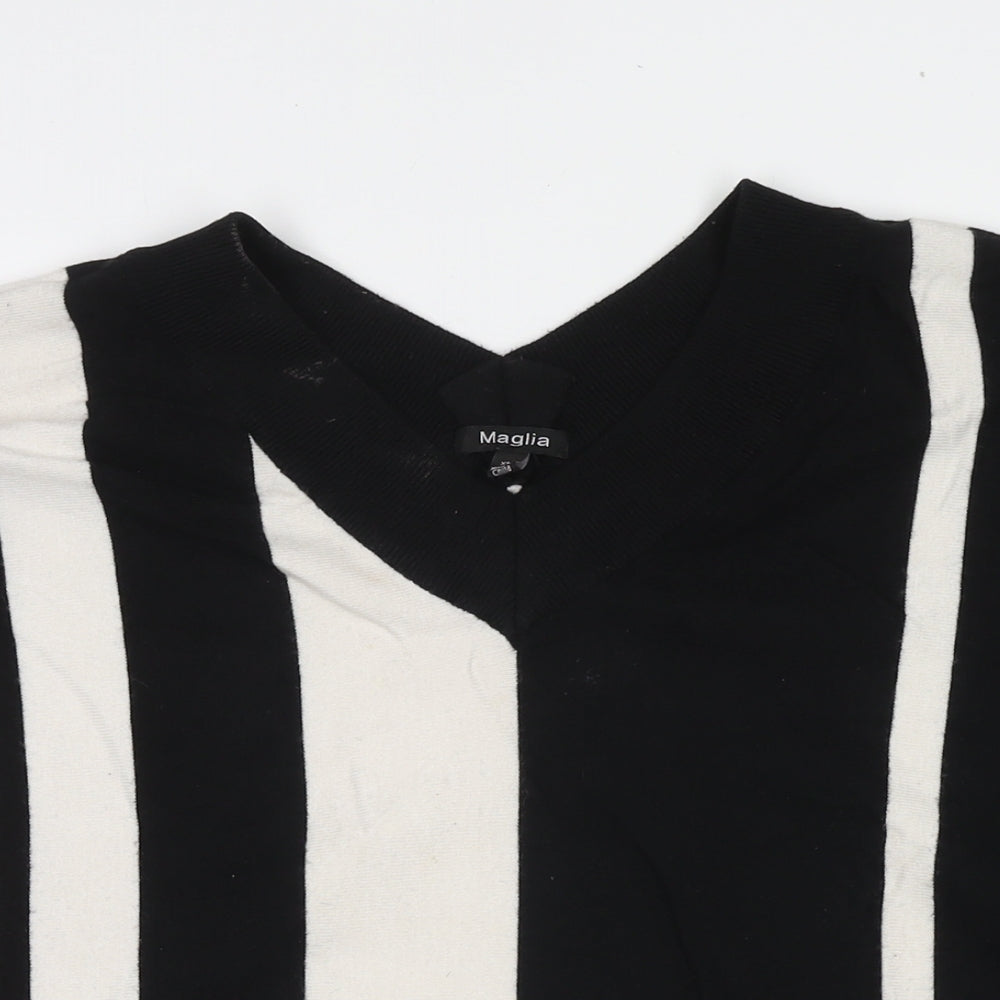 Maglia Womens Black V-Neck Striped Viscose Pullover Jumper Size XL