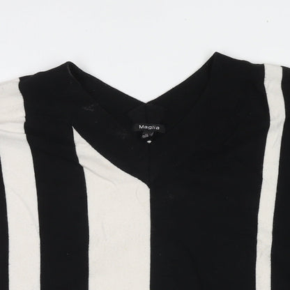 Maglia Womens Black V-Neck Striped Viscose Pullover Jumper Size XL