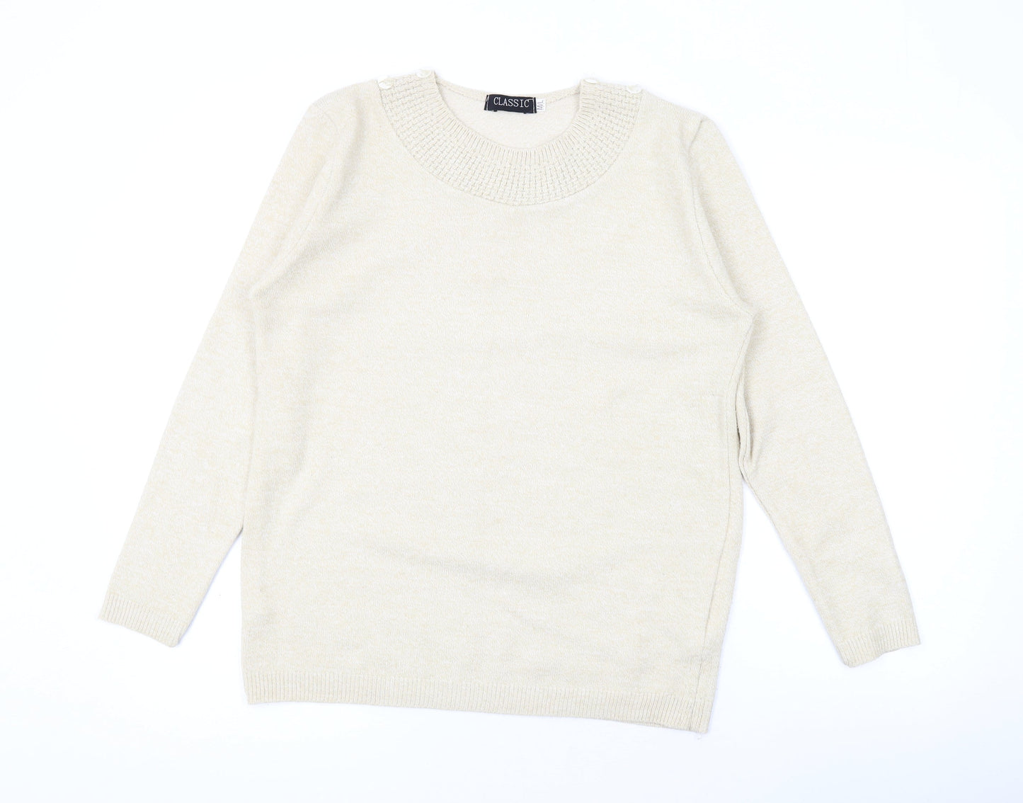 Classic Womens Beige Round Neck Acrylic Pullover Jumper Size M