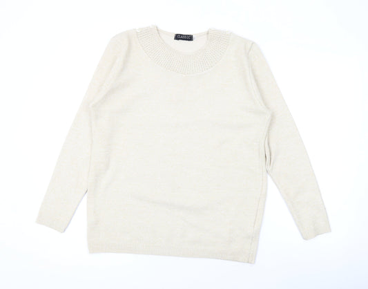 Classic Womens Beige Round Neck Acrylic Pullover Jumper Size M