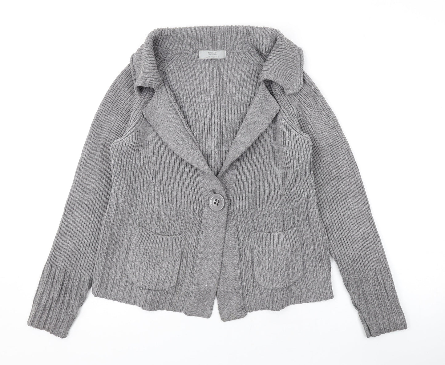 Marks and Spencer Womens Grey Collared Cotton Cardigan Jumper Size 12