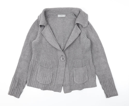 Marks and Spencer Womens Grey Collared Cotton Cardigan Jumper Size 12