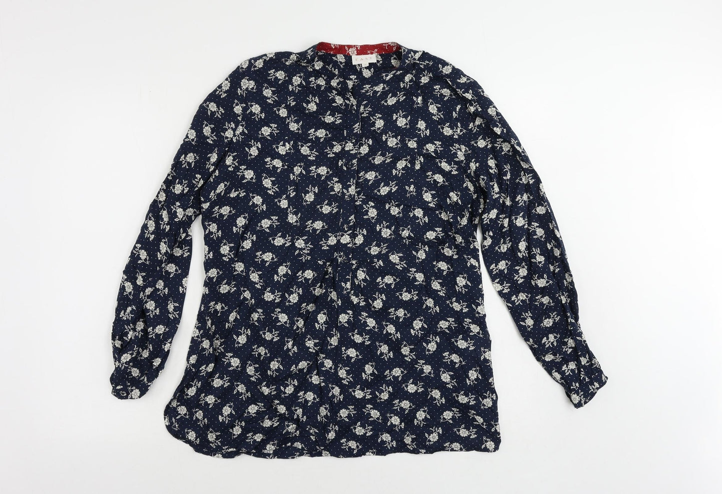 EAST Womens Blue Floral Viscose Basic Button-Up Size 10 Round Neck