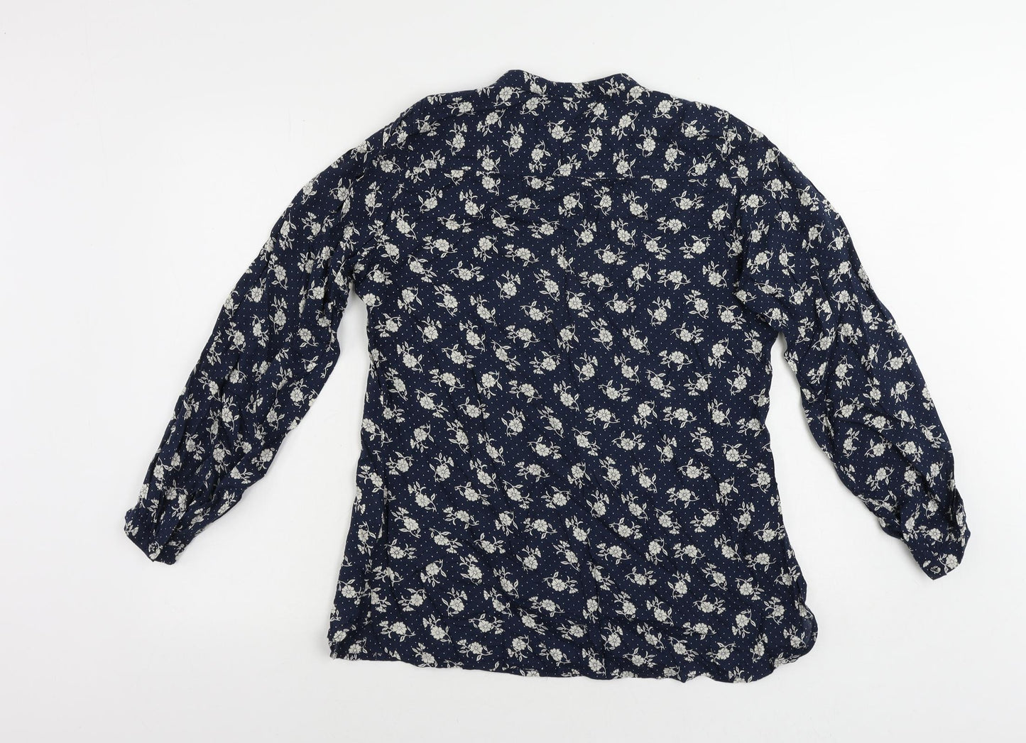 EAST Womens Blue Floral Viscose Basic Button-Up Size 10 Round Neck