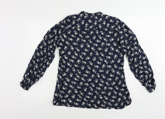 EAST Womens Blue Floral Viscose Basic Button-Up Size 10 Round Neck