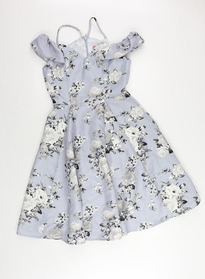 CHI CHI LONDON Womens Blue Floral Polyester Fit & Flare Size 8 V-Neck Zip