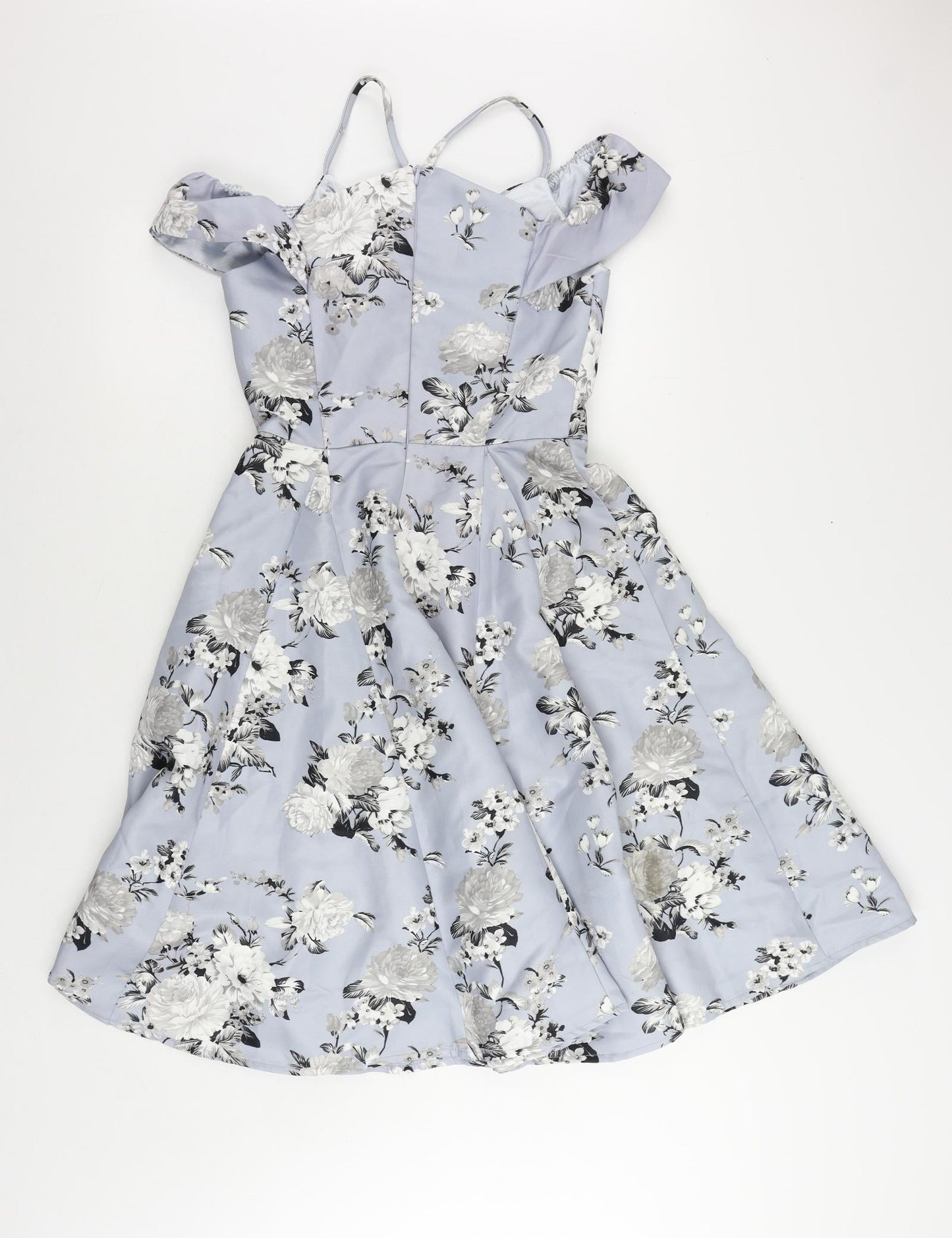 CHI CHI LONDON Womens Blue Floral Polyester Fit & Flare Size 8 V-Neck Zip