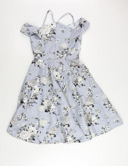 CHI CHI LONDON Womens Blue Floral Polyester Fit & Flare Size 8 V-Neck Zip