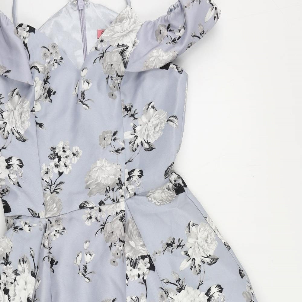 CHI CHI LONDON Womens Blue Floral Polyester Fit & Flare Size 8 V-Neck Zip