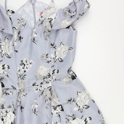 CHI CHI LONDON Womens Blue Floral Polyester Fit & Flare Size 8 V-Neck Zip