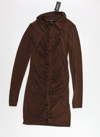 Boohoo Womens Brown Polyester Bodycon Size 10 Collared Button - Ruched