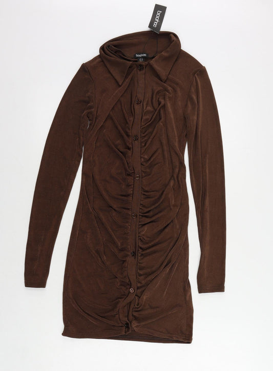 Boohoo Womens Brown Polyester Bodycon Size 10 Collared Button - Ruched