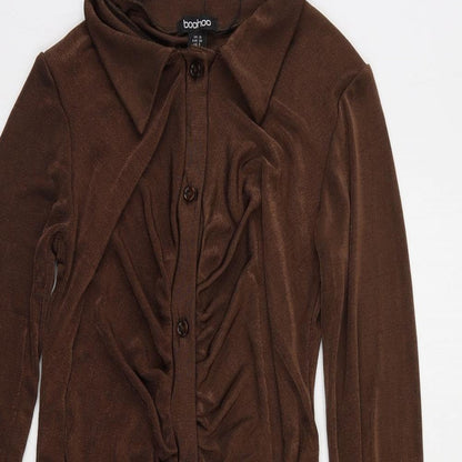 Boohoo Womens Brown Polyester Bodycon Size 10 Collared Button - Ruched