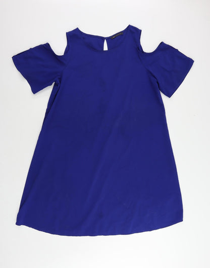 Marks and Spencer Womens Blue Polyester A-Line Size L Boat Neck Button - Cold Shoulder