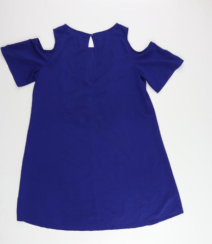 Marks and Spencer Womens Blue Polyester A-Line Size L Boat Neck Button - Cold Shoulder