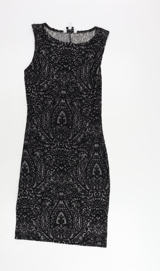 New Look Womens Black Geometric Viscose Bodycon Size 10 Boat Neck Pullover