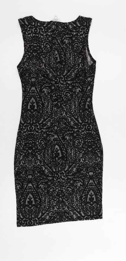 New Look Womens Black Geometric Viscose Bodycon Size 10 Boat Neck Pullover