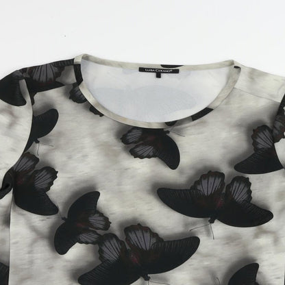 LUISA CERANO Womens Grey Geometric Polyester Basic Blouse Size 14 Boat Neck - Butterfly Pattern