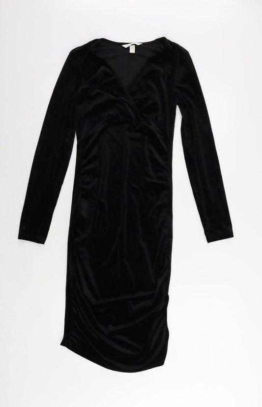 H&M Womens Black Polyester Bodycon Size S V-Neck Pullover