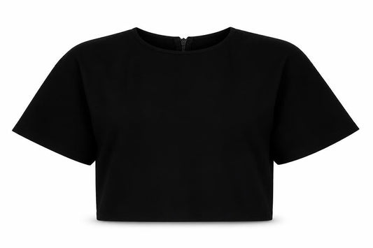 Front view of ASOS women’s black polyester cropped blouse, size UK 10, round neck