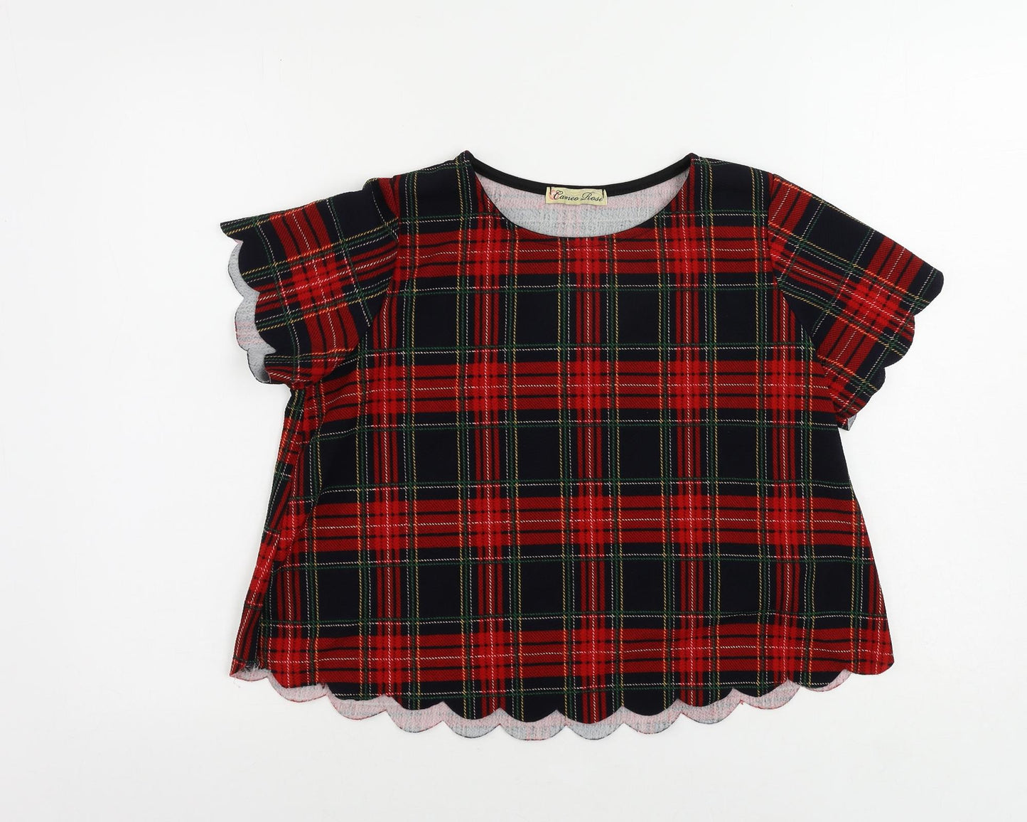 Cameo Rose Womens Red Plaid Polyester Basic Blouse Size 8 Round Neck - Scalloped