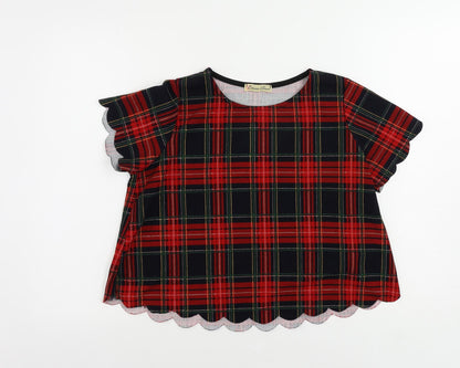Cameo Rose Womens Red Plaid Polyester Basic Blouse Size 8 Round Neck - Scalloped