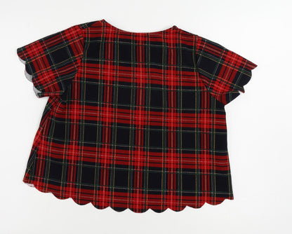 Cameo Rose Womens Red Plaid Polyester Basic Blouse Size 8 Round Neck - Scalloped