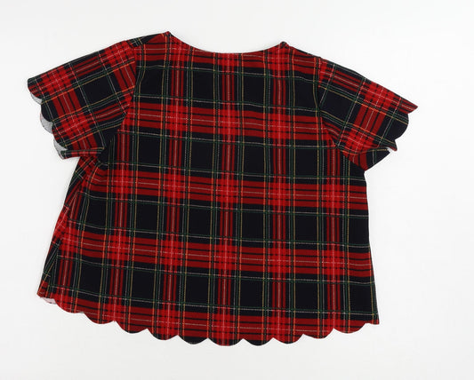 Cameo Rose Womens Red Plaid Polyester Basic Blouse Size 8 Round Neck - Scalloped
