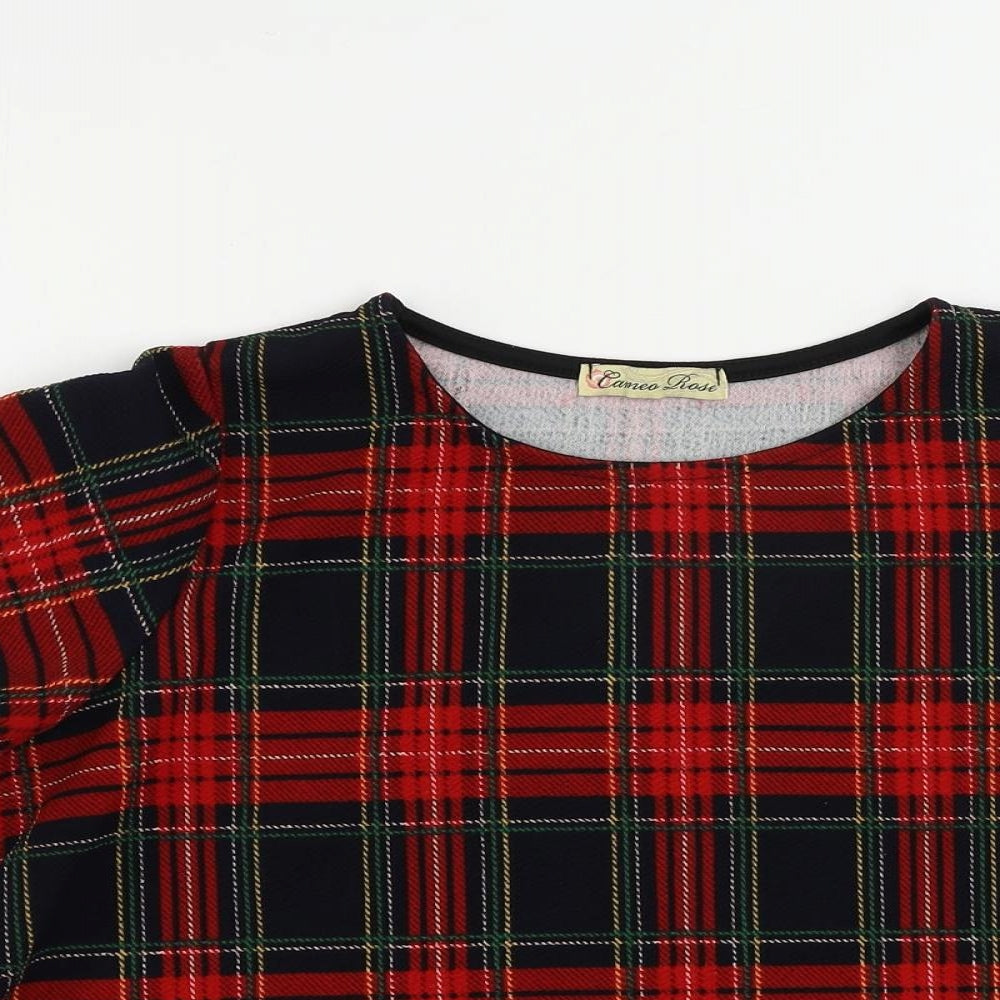 Cameo Rose Womens Red Plaid Polyester Basic Blouse Size 8 Round Neck - Scalloped