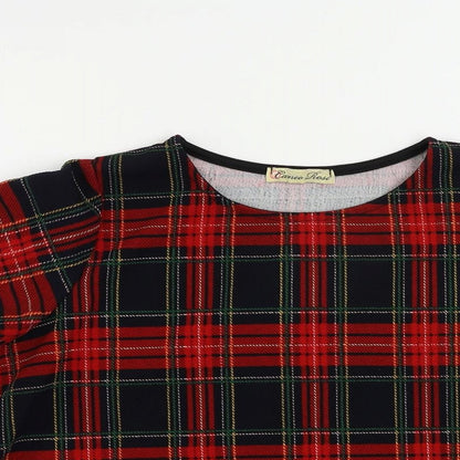 Cameo Rose Womens Red Plaid Polyester Basic Blouse Size 8 Round Neck - Scalloped