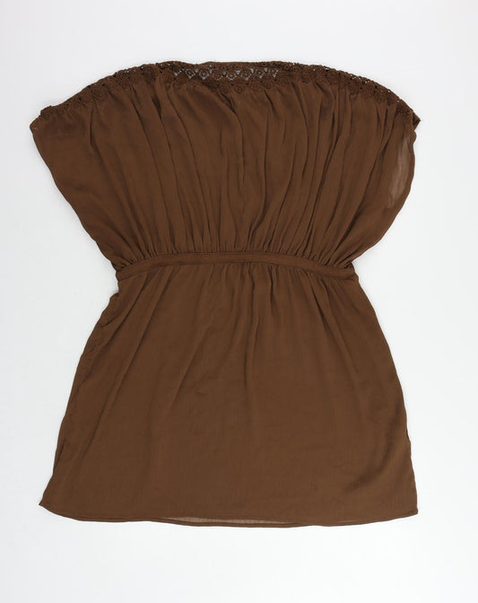 Mango Womens Brown Polyester Mini Size S Round Neck Drawstring - Adjustable Waist