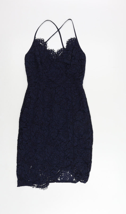 Lulus Womens Blue Cotton Bodycon Size S V-Neck Zip