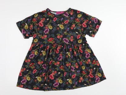 Boohoo Womens Black Floral Polyester Tunic Blouse Size 10 Crew Neck