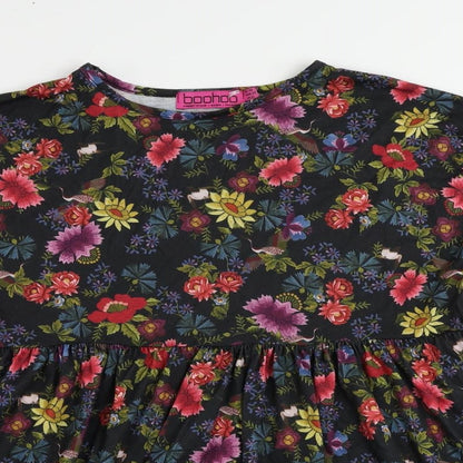Boohoo Womens Black Floral Polyester Tunic Blouse Size 10 Crew Neck