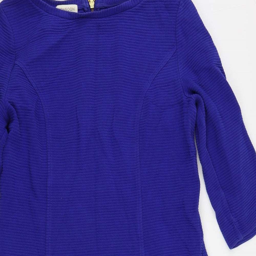 Monsoon Womens Blue Cotton A-Line Size 14 Boat Neck Zip - Pockets
