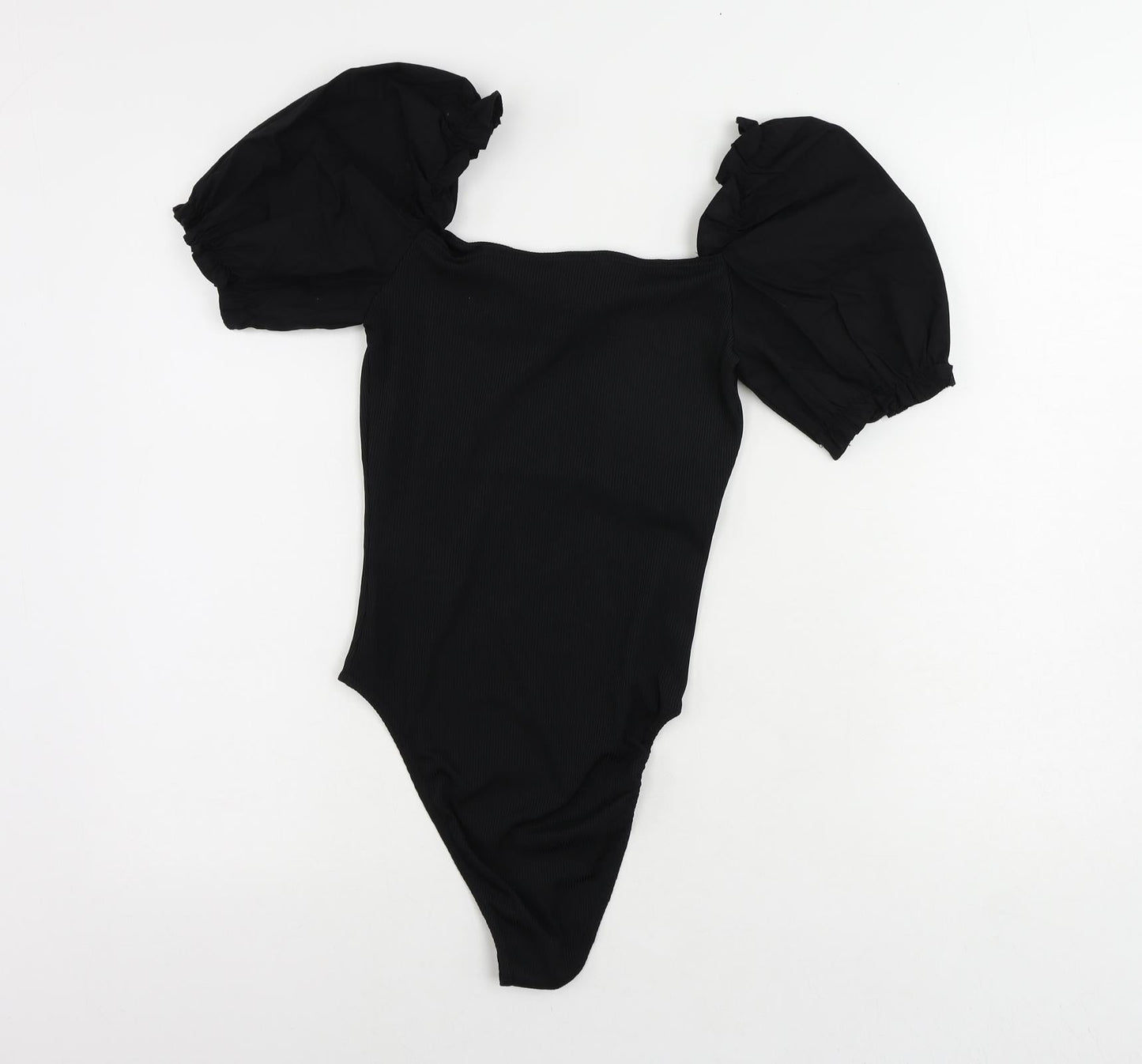 New Look Womens Black Polyester Bodysuit One-Piece Size 8 Snap - Puff Sleeve