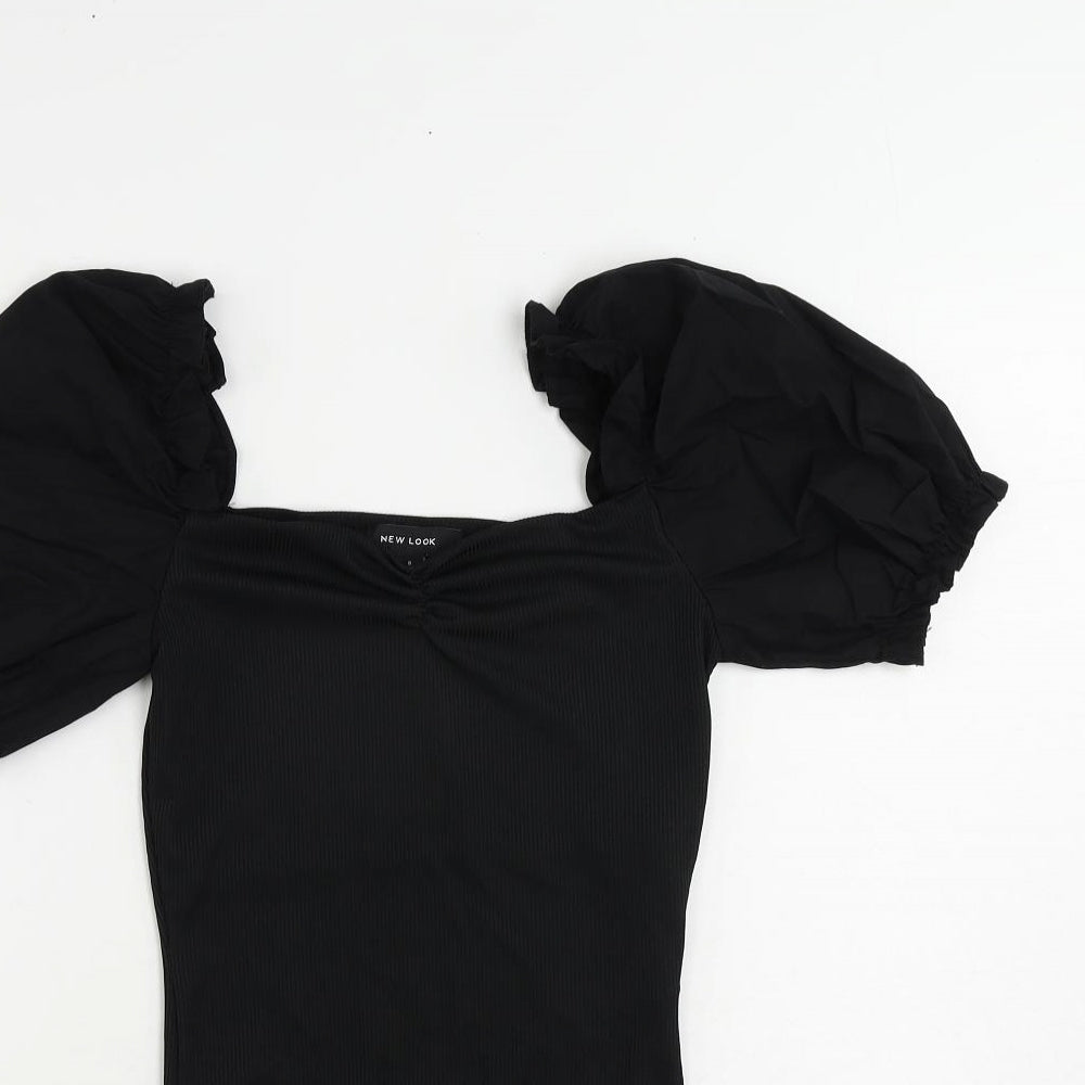 New Look Womens Black Polyester Bodysuit One-Piece Size 8 Snap - Puff Sleeve