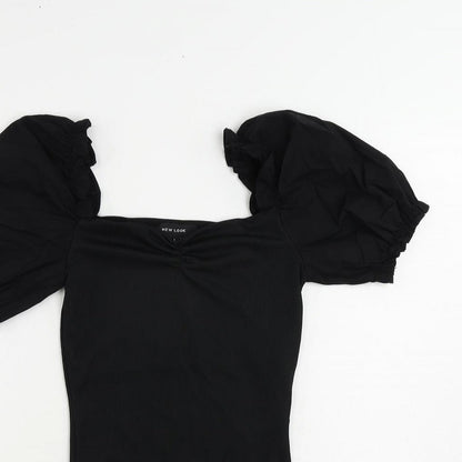 New Look Womens Black Polyester Bodysuit One-Piece Size 8 Snap - Puff Sleeve