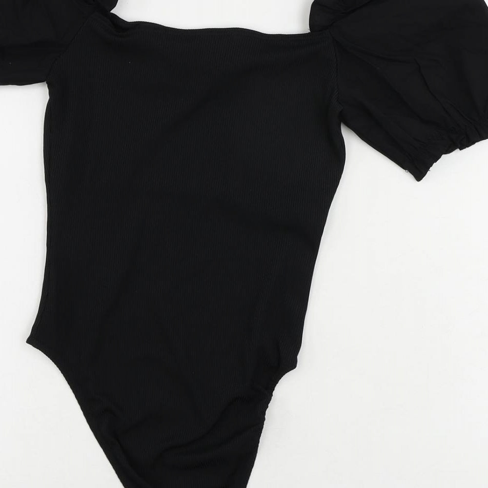 New Look Womens Black Polyester Bodysuit One-Piece Size 8 Snap - Puff Sleeve