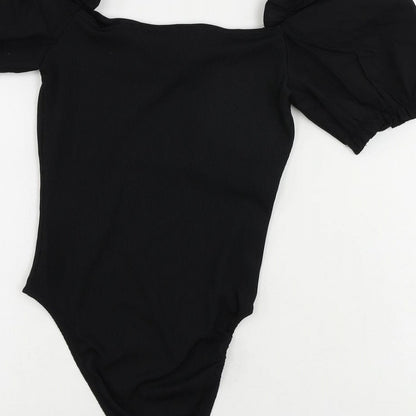 New Look Womens Black Polyester Bodysuit One-Piece Size 8 Snap - Puff Sleeve