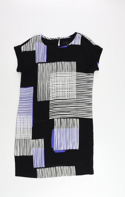 NEXT Womens Black Geometric Polyester Shift Size 6 Round Neck Button - Lined