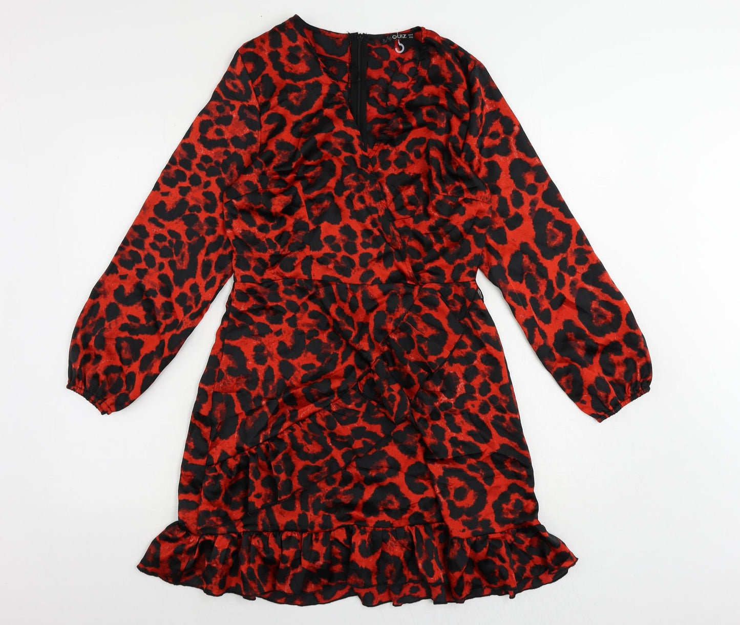 Quiz Womens Red Animal Print Polyester A-Line Size 12 V-Neck Zip - Ruffle