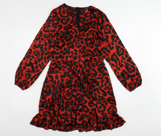 Quiz Womens Red Animal Print Polyester A-Line Size 12 V-Neck Zip - Ruffle