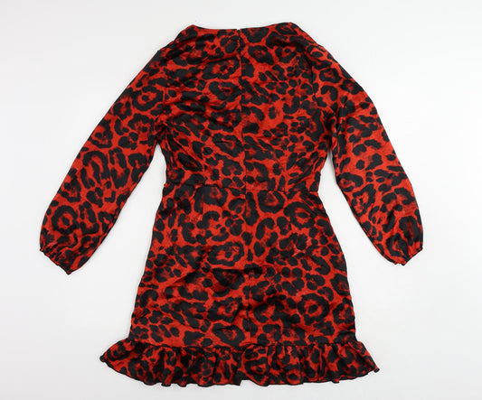 Quiz Womens Red Animal Print Polyester A-Line Size 12 V-Neck Zip - Ruffle