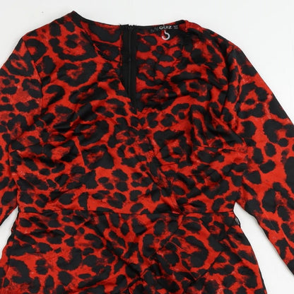 Quiz Womens Red Animal Print Polyester A-Line Size 12 V-Neck Zip - Ruffle